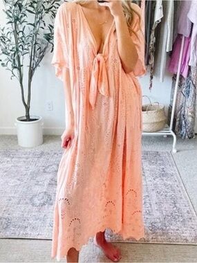 YOUNG FABULOUS & BROKE Peach Eyelet Tie-Front Maxi Caftan
